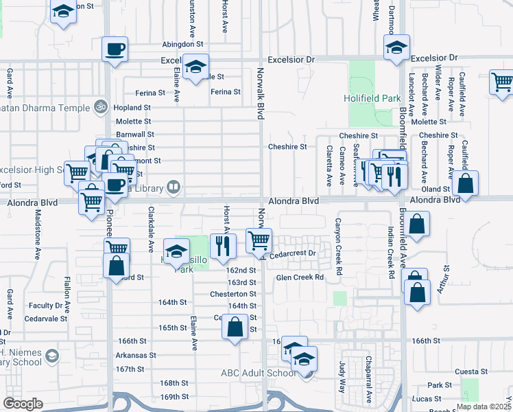 map of restaurants, bars, coffee shops, grocery stores, and more near 15731 Thornlake Avenue in Norwalk