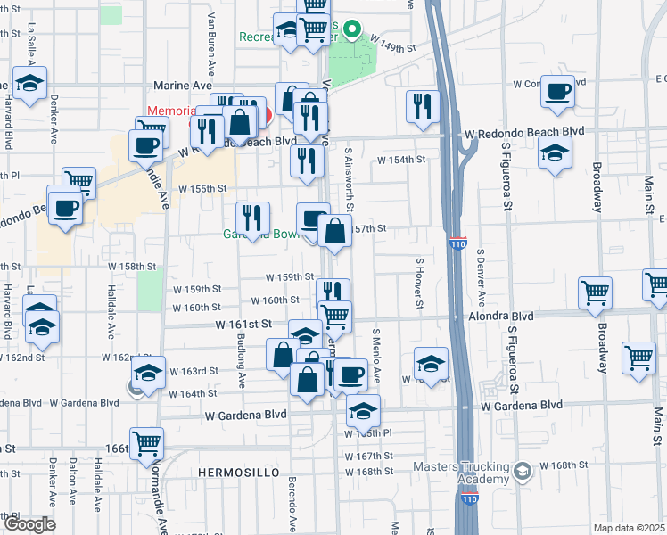 map of restaurants, bars, coffee shops, grocery stores, and more near 15826 South Vermont Avenue in Gardena