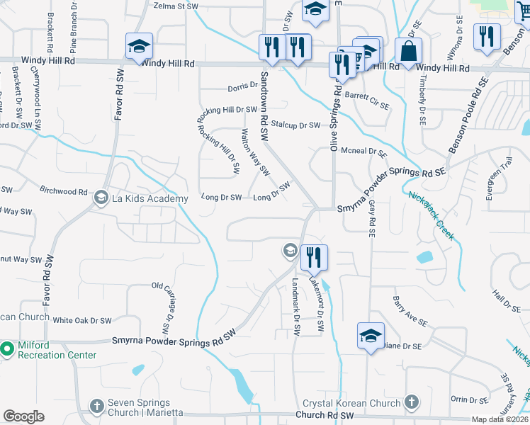 map of restaurants, bars, coffee shops, grocery stores, and more near 127 Long Drive Southwest in Marietta