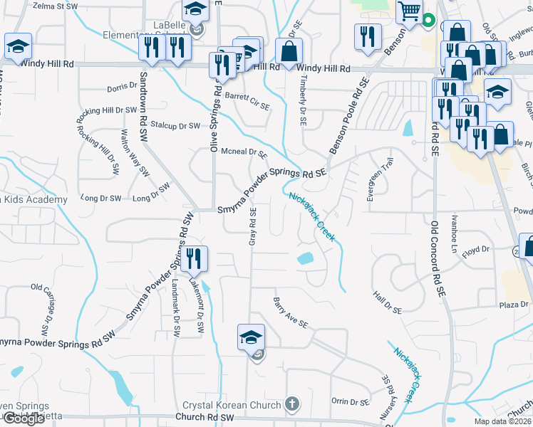 map of restaurants, bars, coffee shops, grocery stores, and more near 2704 Sanibel Lane Southeast in Smyrna