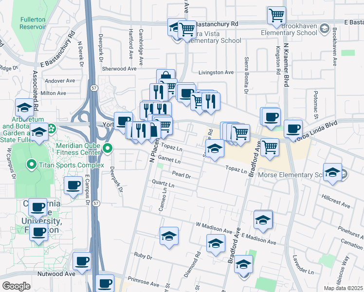 map of restaurants, bars, coffee shops, grocery stores, and more near 3049 Topaz Lane in Fullerton