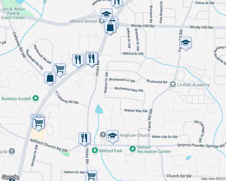 map of restaurants, bars, coffee shops, grocery stores, and more near 2720 Birchwood Way Southwest in Marietta