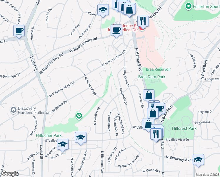 map of restaurants, bars, coffee shops, grocery stores, and more near 1521 Avolencia Drive in Fullerton