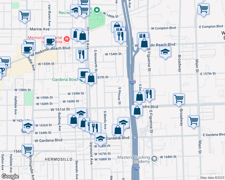 map of restaurants, bars, coffee shops, grocery stores, and more near 737 West 158th Street in Gardena
