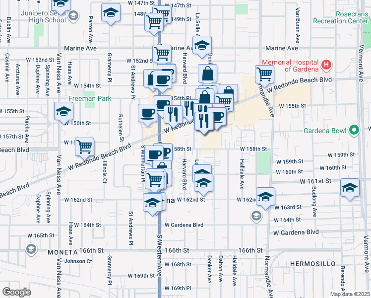 map of restaurants, bars, coffee shops, grocery stores, and more near 15729 La Salle Avenue in Gardena