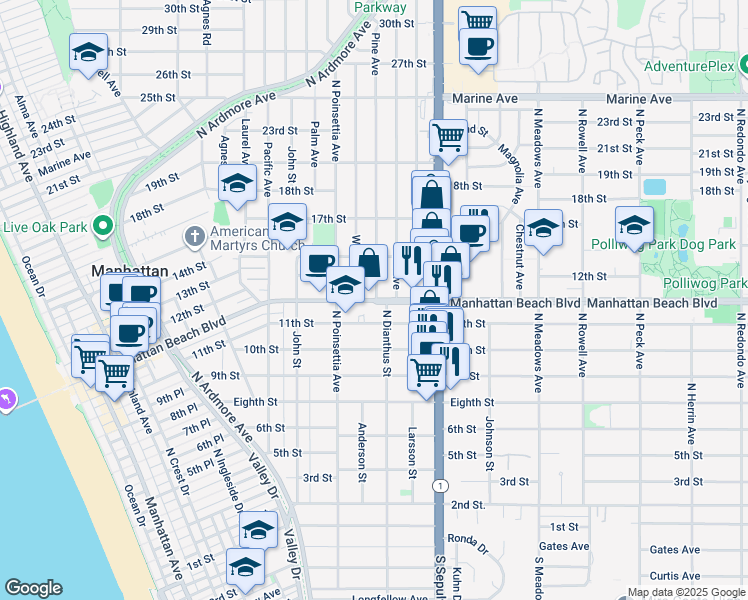 map of restaurants, bars, coffee shops, grocery stores, and more near 1148 Walnut Avenue in Manhattan Beach
