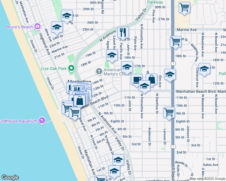map of restaurants, bars, coffee shops, grocery stores, and more near 4 Arbolado Court in Manhattan Beach