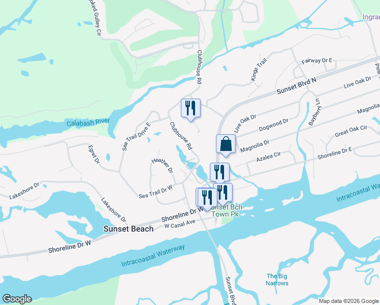 map of restaurants, bars, coffee shops, grocery stores, and more near 235 Clubhouse Road in Sunset Beach