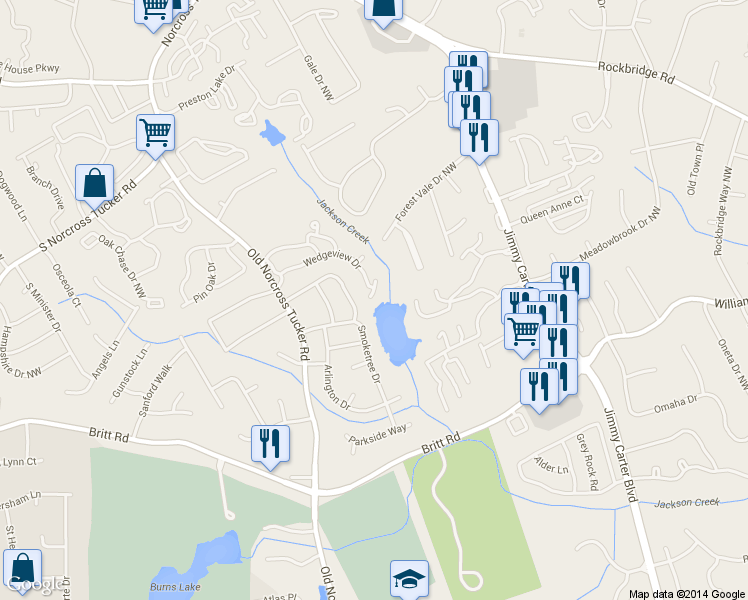 map of restaurants, bars, coffee shops, grocery stores, and more near 6340 Wedgeview Drive in Tucker