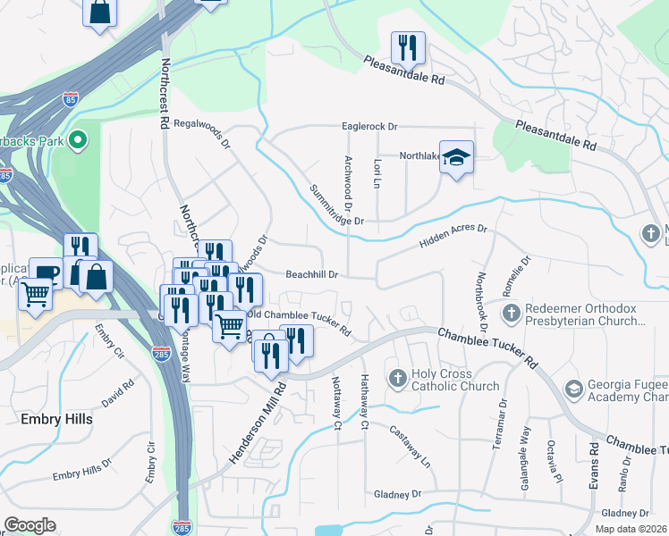 map of restaurants, bars, coffee shops, grocery stores, and more near 3556 Beachhill Drive in Doraville
