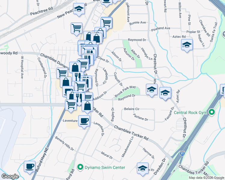 map of restaurants, bars, coffee shops, grocery stores, and more near 2599 Addison Drive in Doraville