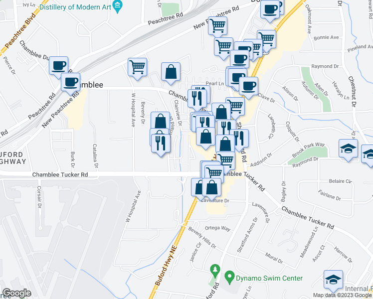 map of restaurants, bars, coffee shops, grocery stores, and more near 4980 Buford Highway Northeast in Atlanta