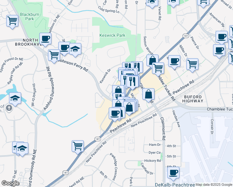 map of restaurants, bars, coffee shops, grocery stores, and more near 3208 Jefferson Circle South in Chamblee
