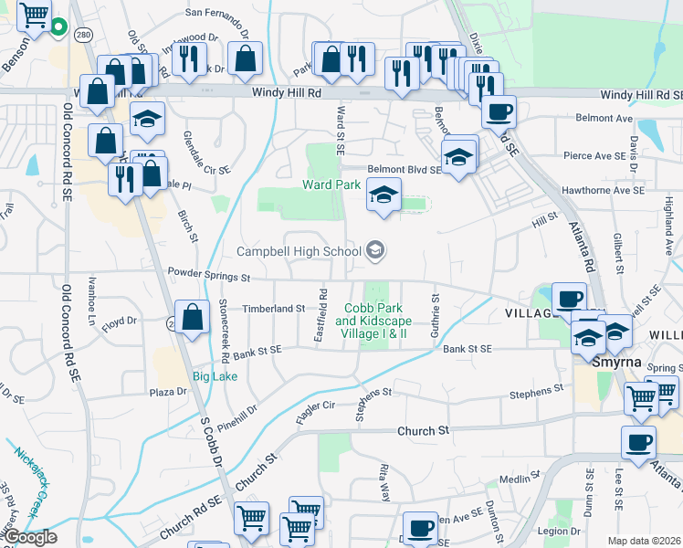 map of restaurants, bars, coffee shops, grocery stores, and more near 892 Wayland Court in Smyrna