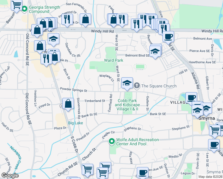 map of restaurants, bars, coffee shops, grocery stores, and more near 892 Wayland Court in Smyrna