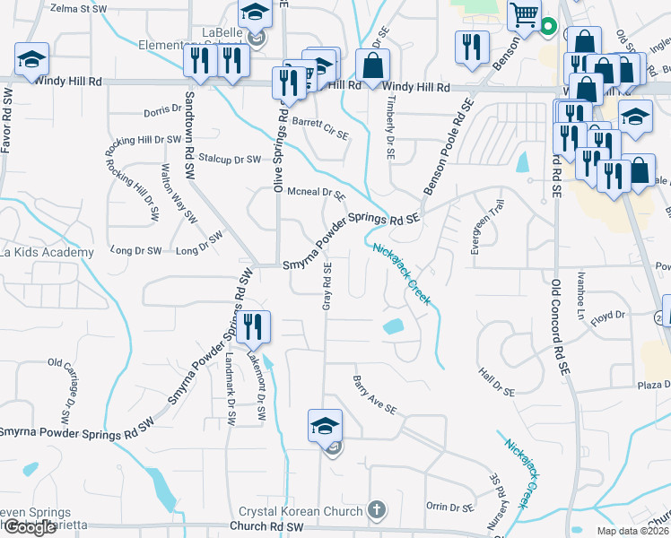 map of restaurants, bars, coffee shops, grocery stores, and more near 2705 Gray Road in Smyrna