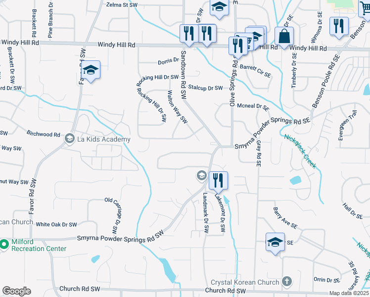 map of restaurants, bars, coffee shops, grocery stores, and more near 271 Timber Creek Lane Southwest in Marietta