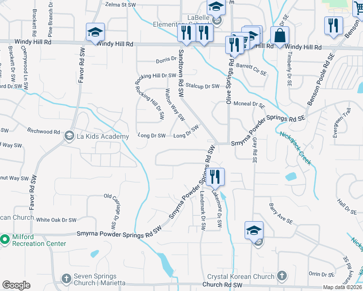 map of restaurants, bars, coffee shops, grocery stores, and more near 127 Long Drive Southwest in Marietta