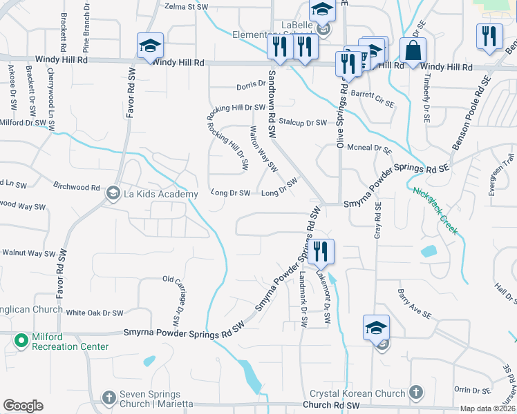 map of restaurants, bars, coffee shops, grocery stores, and more near 127 Long Drive Southwest in Marietta