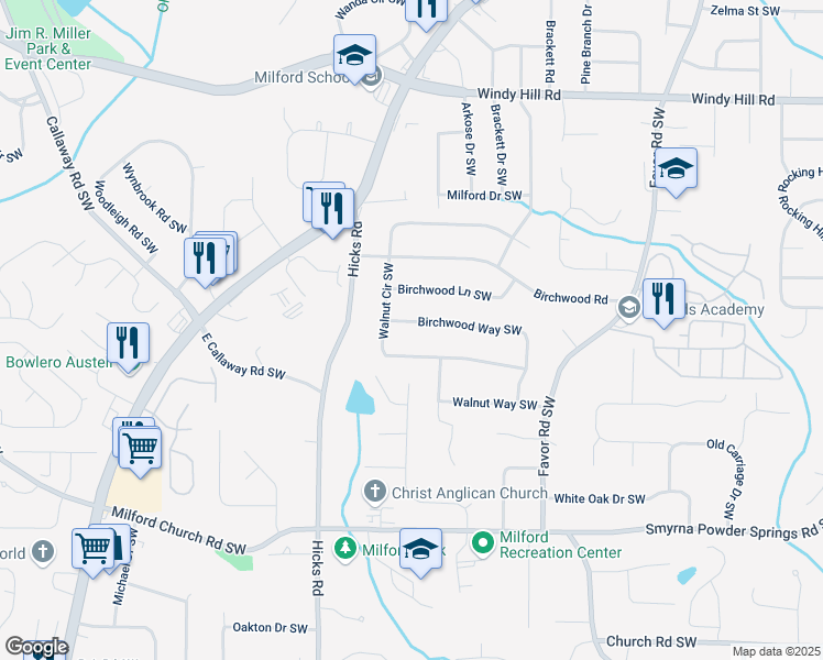 map of restaurants, bars, coffee shops, grocery stores, and more near 2720 Birchwood Way Southwest in Marietta