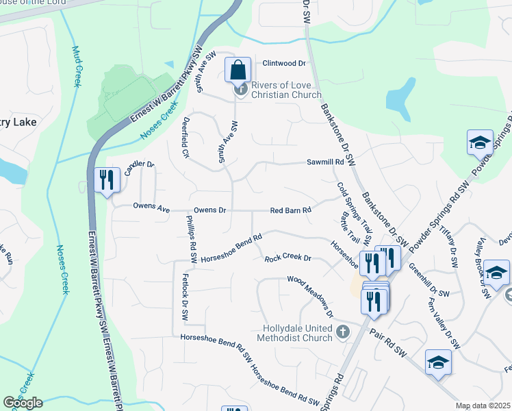 map of restaurants, bars, coffee shops, grocery stores, and more near 2648 Smokehouse Place in Marietta