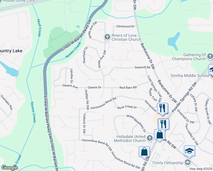 map of restaurants, bars, coffee shops, grocery stores, and more near 2551 Smith Avenue Southwest in Marietta