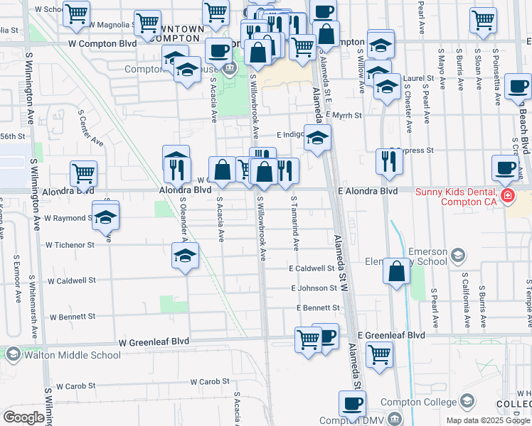 map of restaurants, bars, coffee shops, grocery stores, and more near 106 East Raymond Street in Compton
