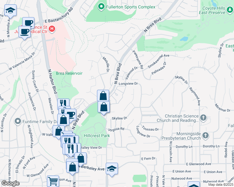 map of restaurants, bars, coffee shops, grocery stores, and more near 511 Lazy Creek Circle in Fullerton