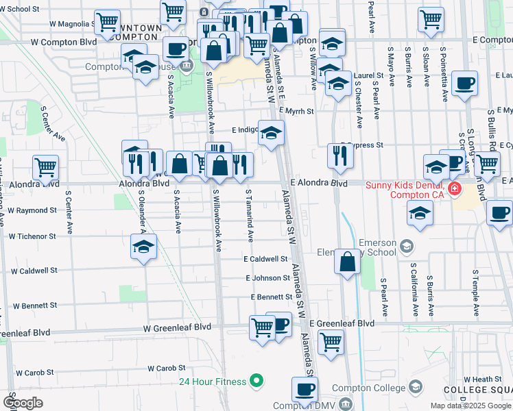 map of restaurants, bars, coffee shops, grocery stores, and more near 206 East Raymond Street in Compton