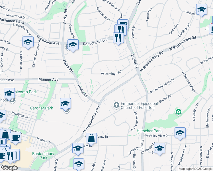 map of restaurants, bars, coffee shops, grocery stores, and more near 1644 North Peacock Lane in Fullerton