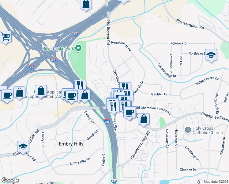 map of restaurants, bars, coffee shops, grocery stores, and more near 3335 Stonecrest Court in Atlanta