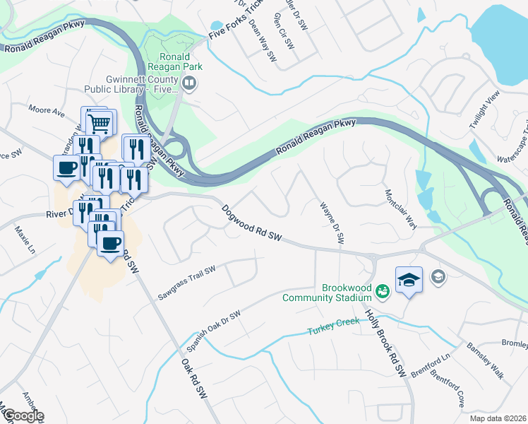 map of restaurants, bars, coffee shops, grocery stores, and more near 1009 Olde Hinge Way in Snellville