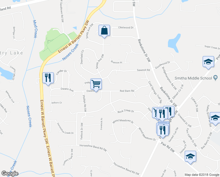 map of restaurants, bars, coffee shops, grocery stores, and more near 2526 Red Barn Road in Marietta