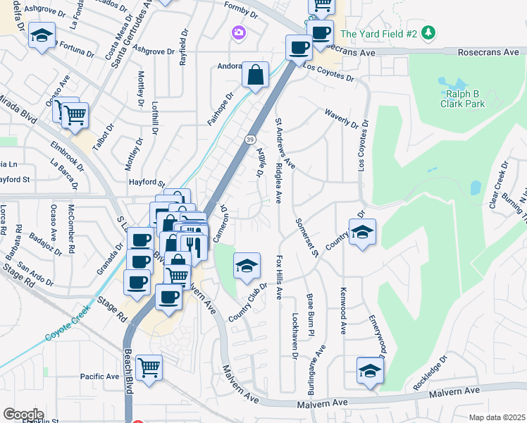 map of restaurants, bars, coffee shops, grocery stores, and more near 8233 Graham Green in Buena Park