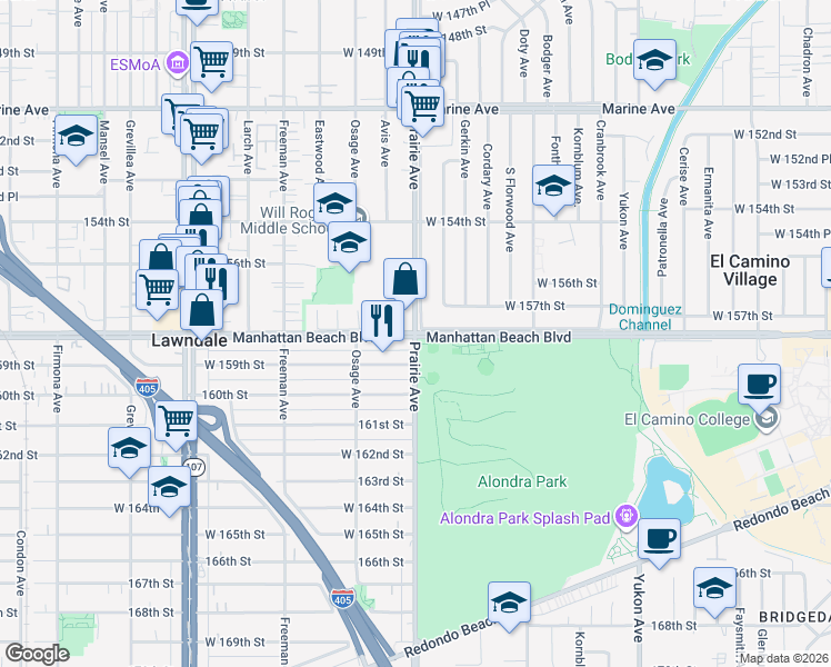 map of restaurants, bars, coffee shops, grocery stores, and more near Manhattan Beach Blvd & Prairie Ave in Lawndale