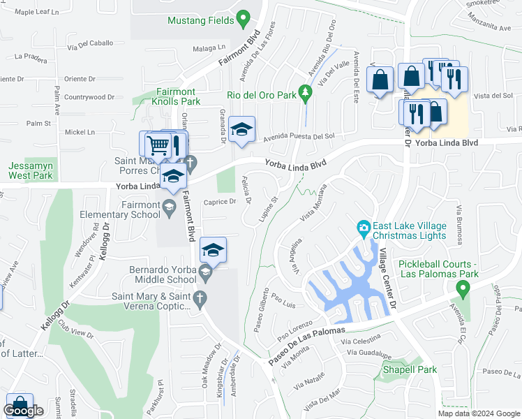 map of restaurants, bars, coffee shops, grocery stores, and more near 5133 Lupine Street in Yorba Linda