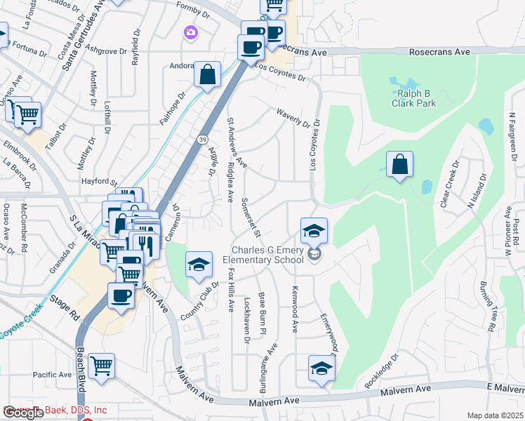 map of restaurants, bars, coffee shops, grocery stores, and more near 8371 Fox Hills Avenue in Buena Park