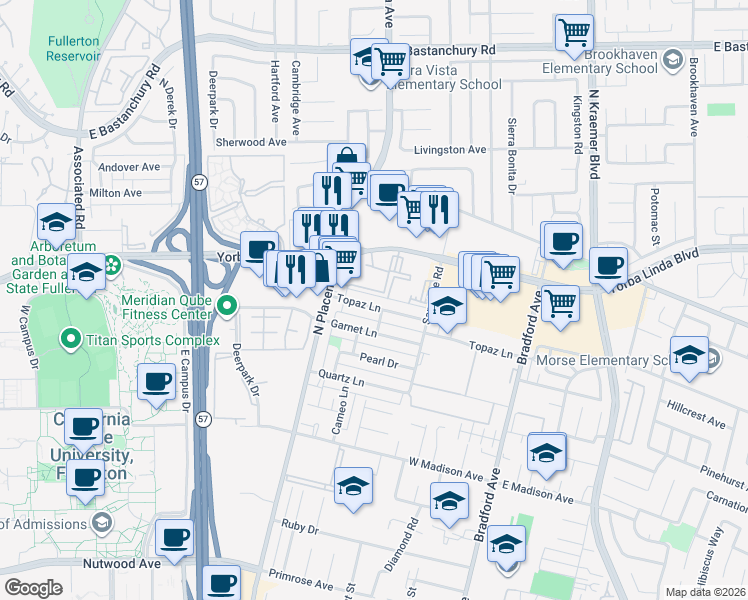 map of restaurants, bars, coffee shops, grocery stores, and more near 3043 Topaz Lane in Fullerton