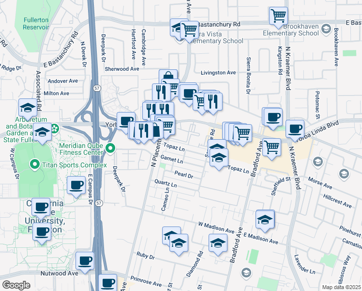 map of restaurants, bars, coffee shops, grocery stores, and more near 3020 Yorba Linda Boulevard in Fullerton