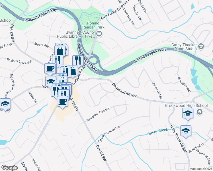 map of restaurants, bars, coffee shops, grocery stores, and more near 2775 Dominion Walk Lane in Snellville