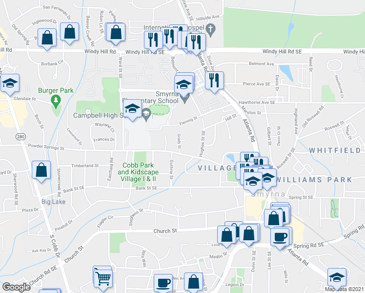 map of restaurants, bars, coffee shops, grocery stores, and more near 2685 Grady Street in Smyrna