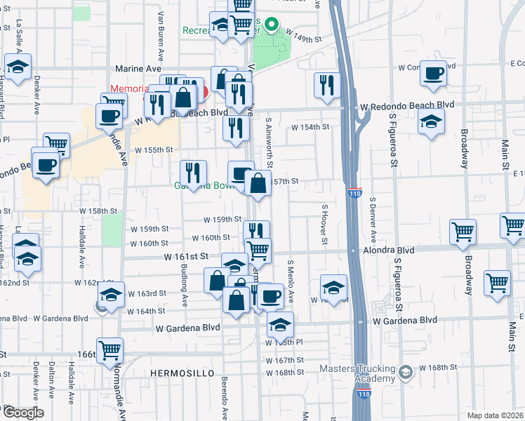 map of restaurants, bars, coffee shops, grocery stores, and more near 15828 S Villas Lane in Gardena