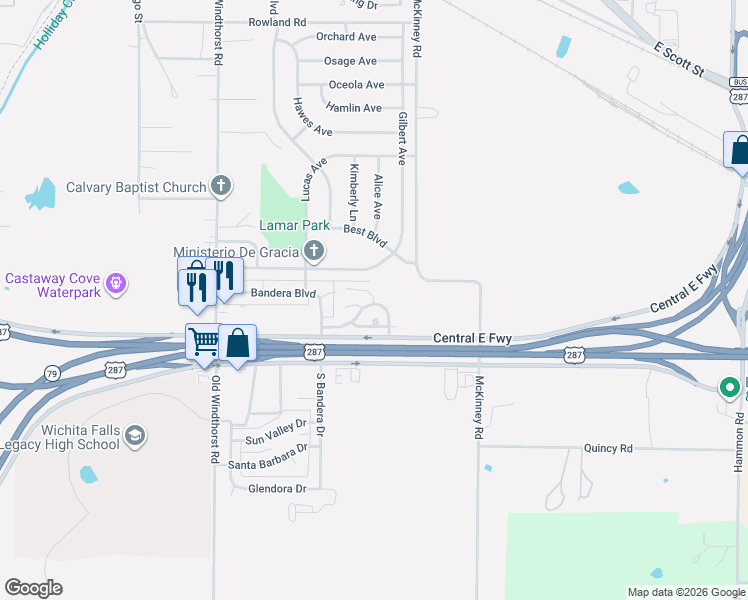 map of restaurants, bars, coffee shops, grocery stores, and more near 17 Chestnut Circle in Wichita Falls