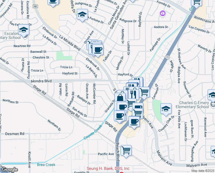 map of restaurants, bars, coffee shops, grocery stores, and more near 7622 Granada Drive in Buena Park