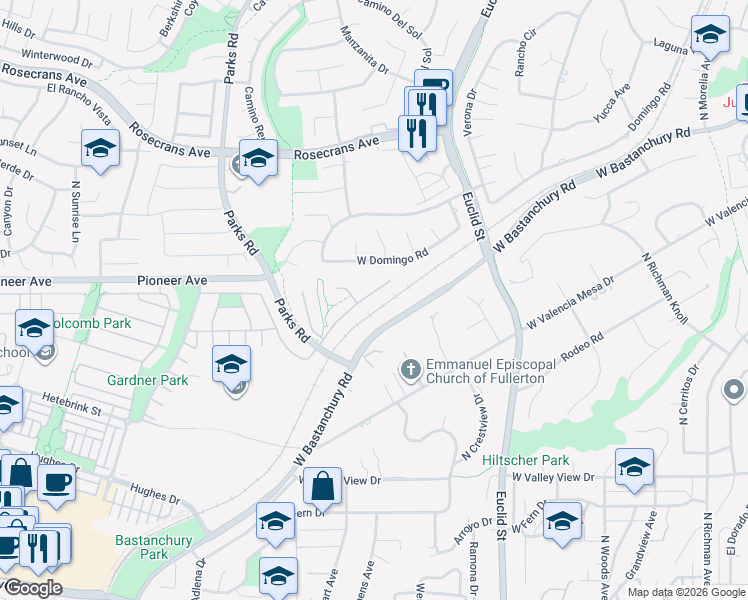 map of restaurants, bars, coffee shops, grocery stores, and more near 1644 North Peacock Lane in Fullerton