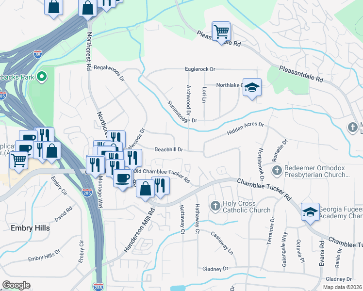 map of restaurants, bars, coffee shops, grocery stores, and more near 3556 Beachhill Drive in Doraville