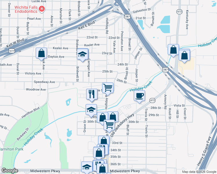 map of restaurants, bars, coffee shops, grocery stores, and more near 2700 Holliday Road in Wichita Falls