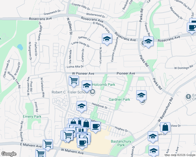 map of restaurants, bars, coffee shops, grocery stores, and more near 2142 Root Street in Fullerton