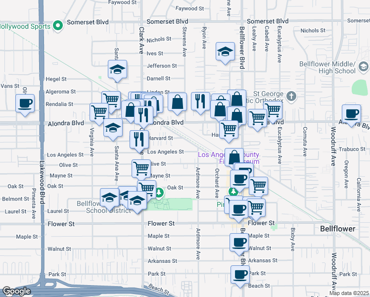 map of restaurants, bars, coffee shops, grocery stores, and more near 9543 Los Angeles Street in Bellflower