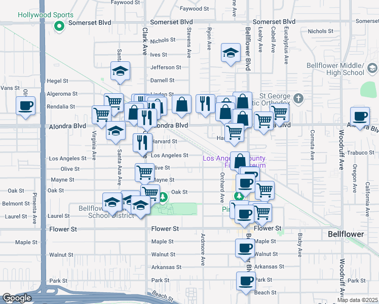 map of restaurants, bars, coffee shops, grocery stores, and more near 9543 Los Angeles Street in Bellflower